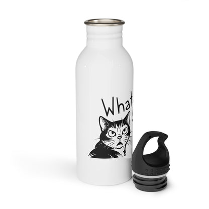 White water bottle with a cat illustration and 'What?' text on a white background