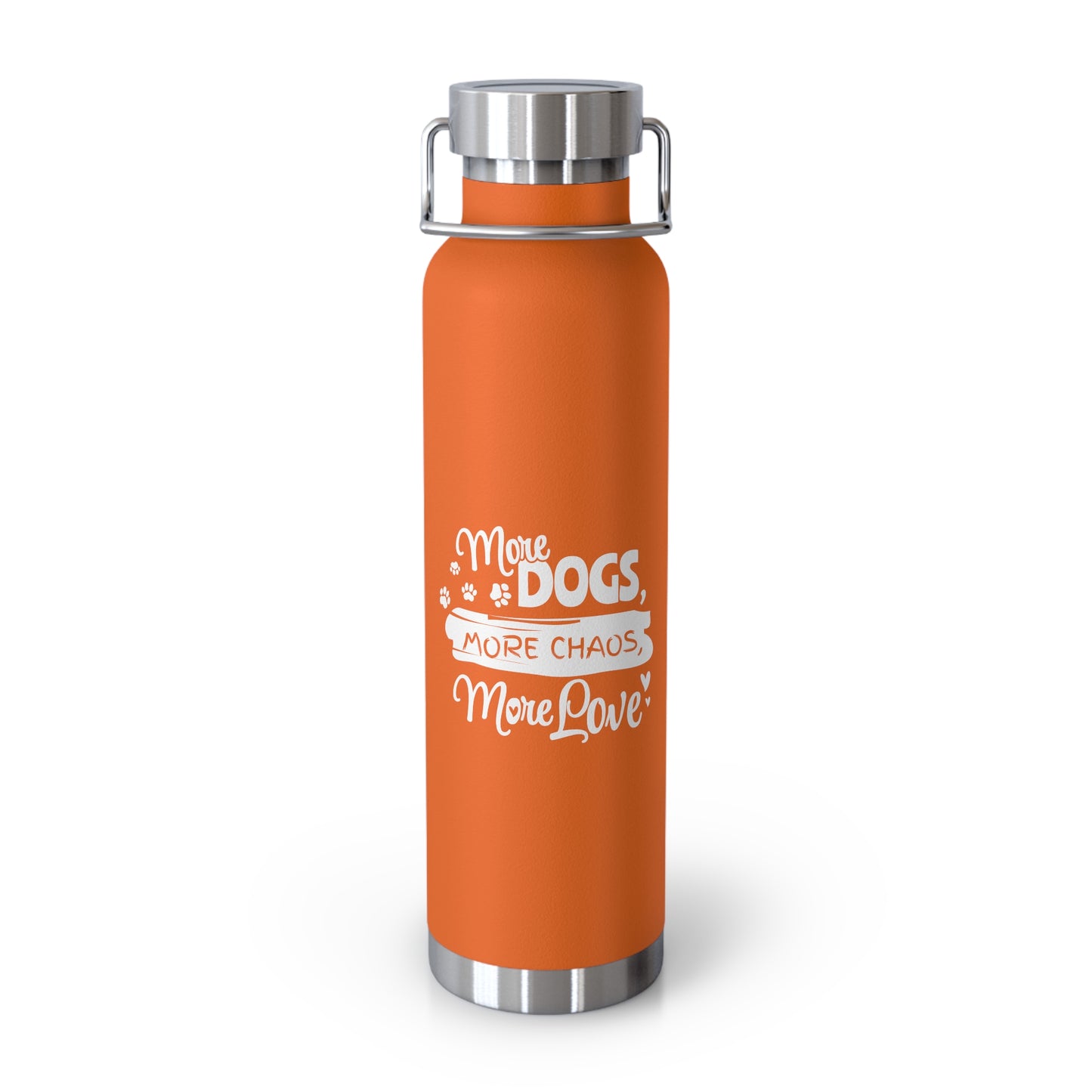 Orange water bottle with silver cap and white text on a white background