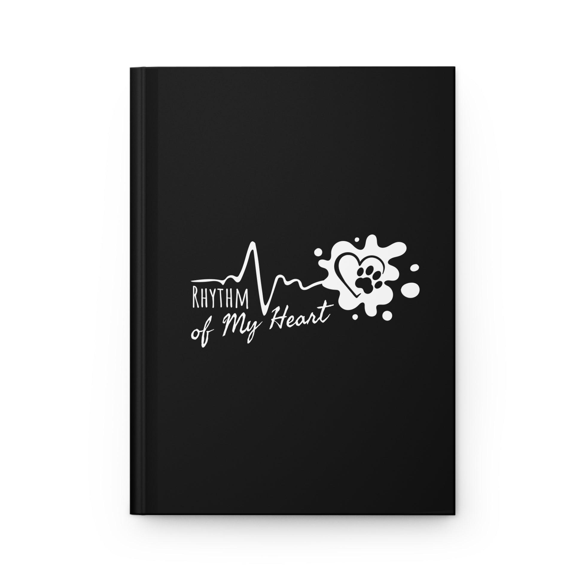 Black notebook with 'Rhythm of My Heart' design on a white background
