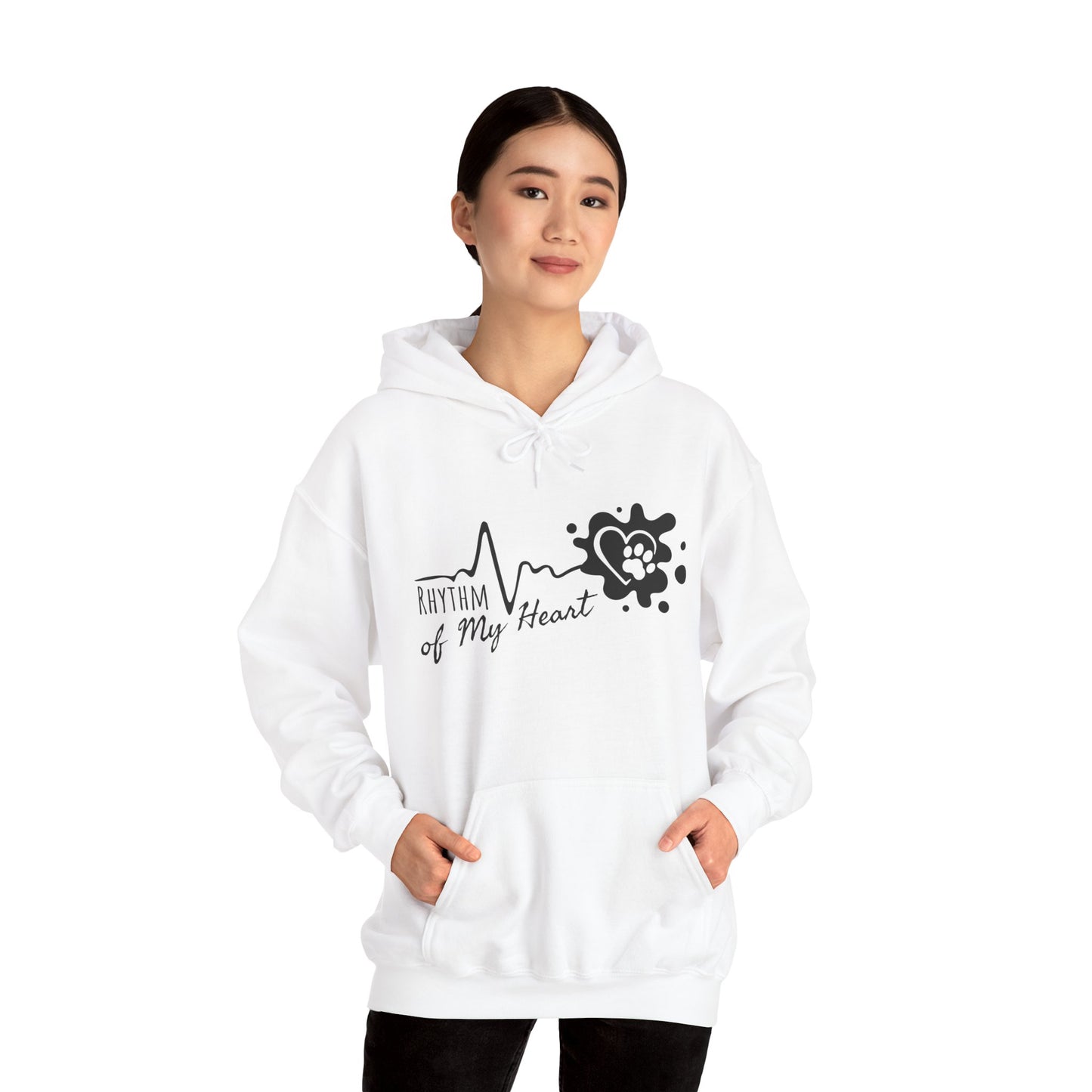 Person wearing a white hoodie with a graphic design on a white background