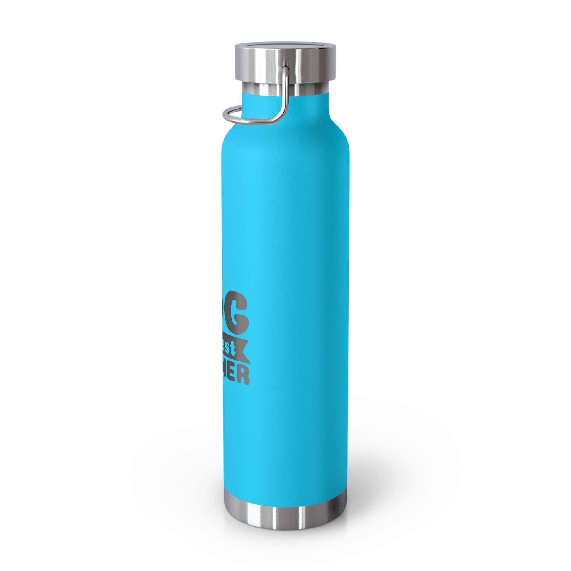 Blue water bottle with silver lid on a white background