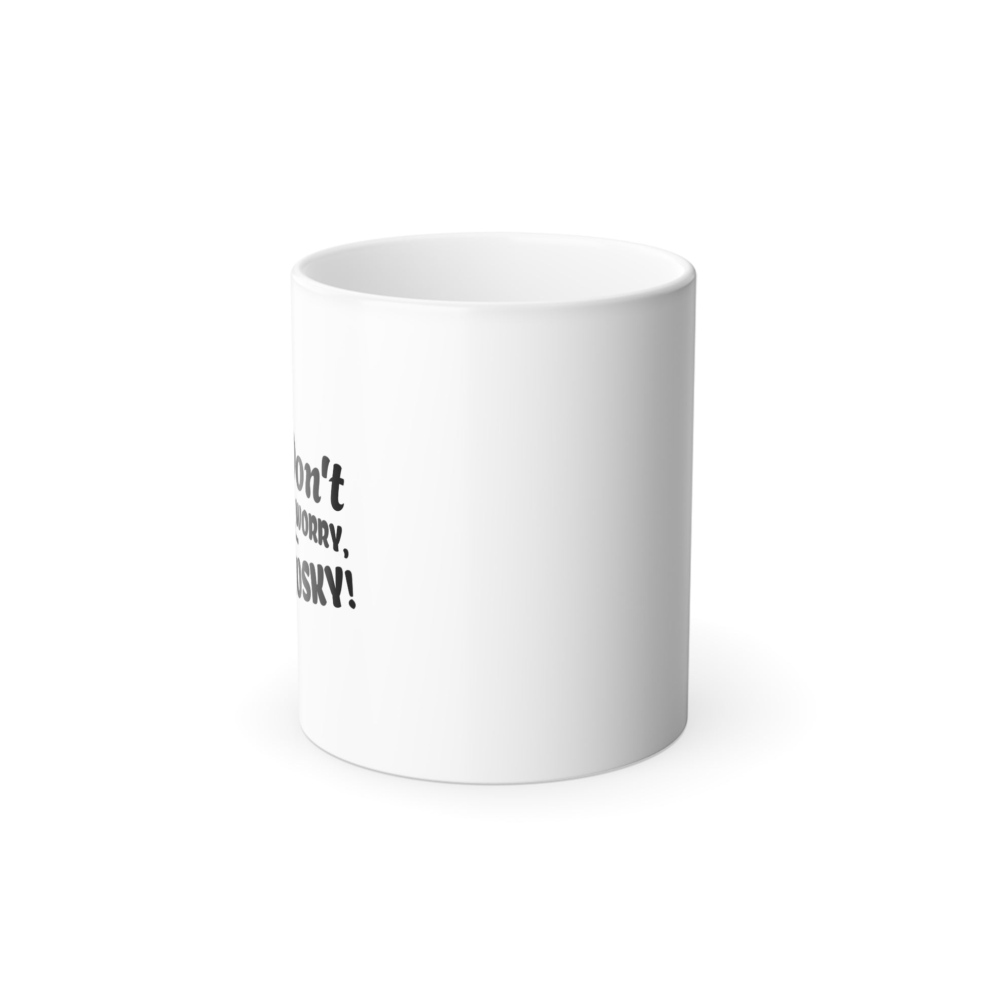 White mug with black text on a white background