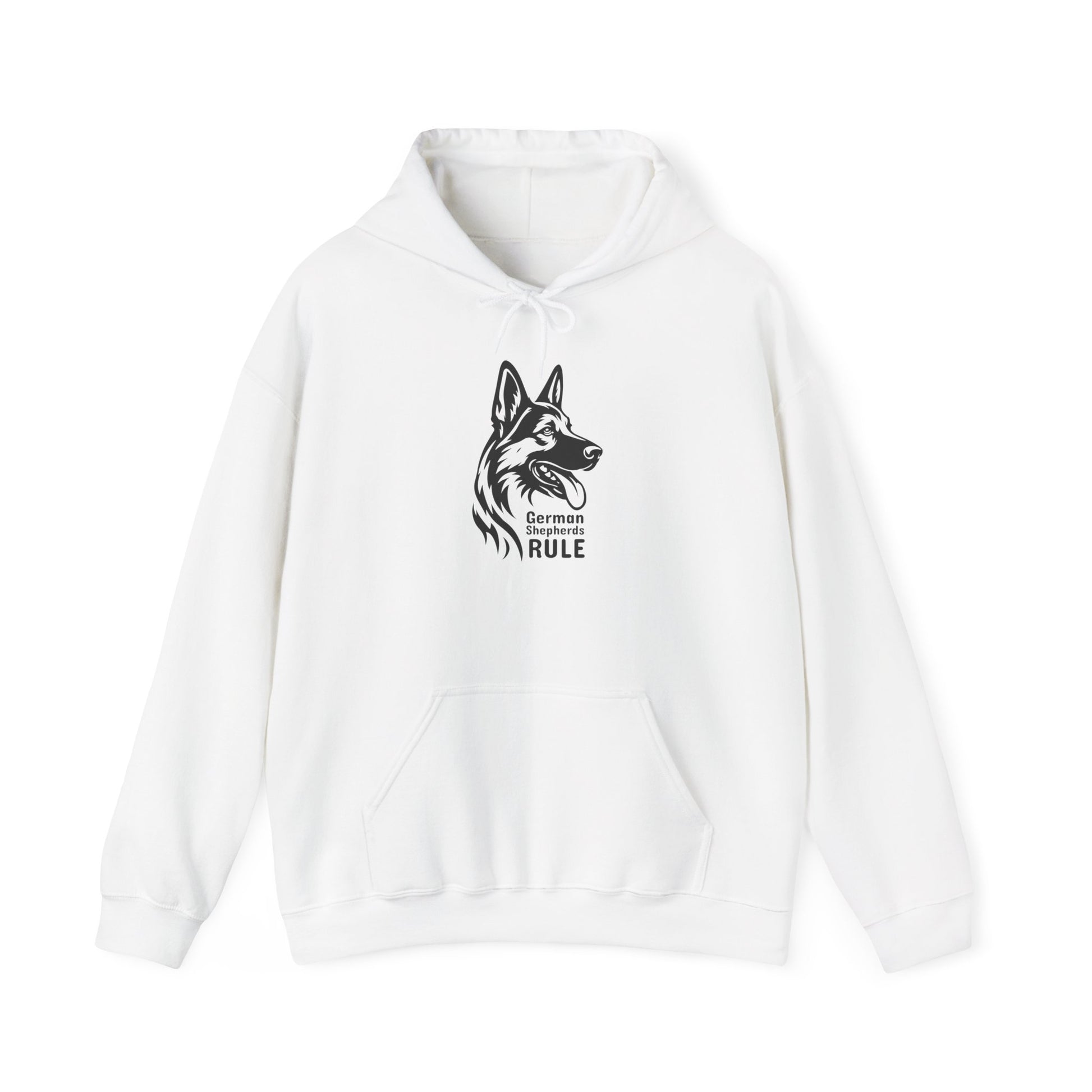 White hoodie with a graphic of a German Shepherd and text on a white background