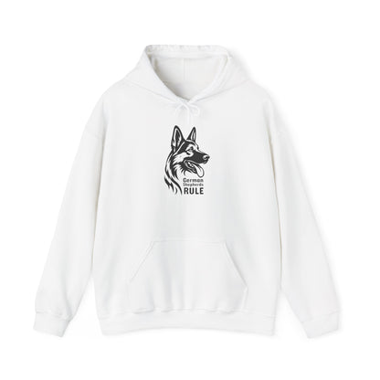 White hoodie with a graphic of a German Shepherd and text on a white background