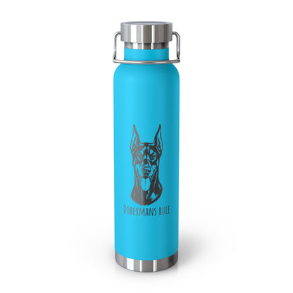 Turquoise water bottle with dog illustration and 'Dobermans Rule' text on a white background