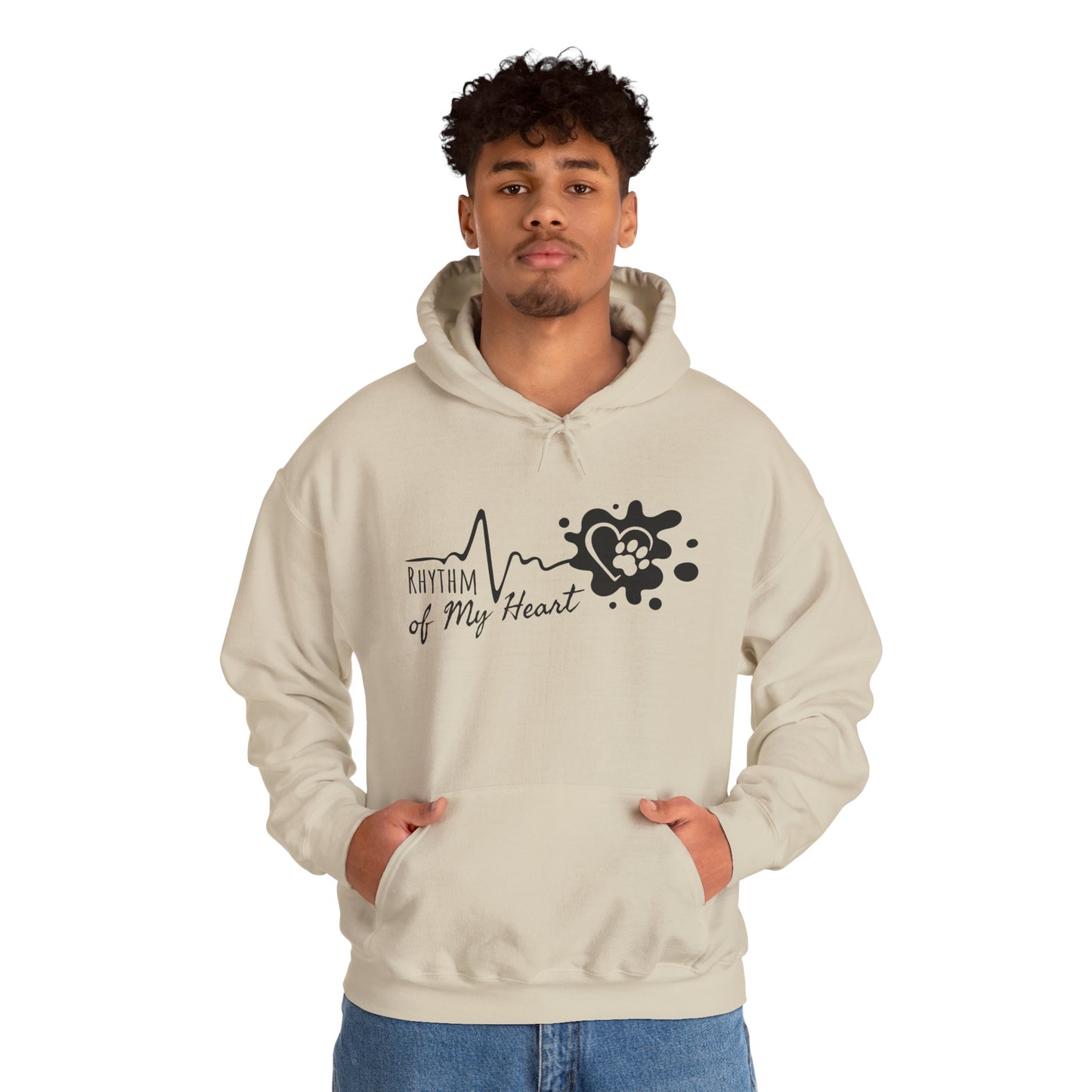 Person wearing a beige hoodie with a graphic design and text on a white background