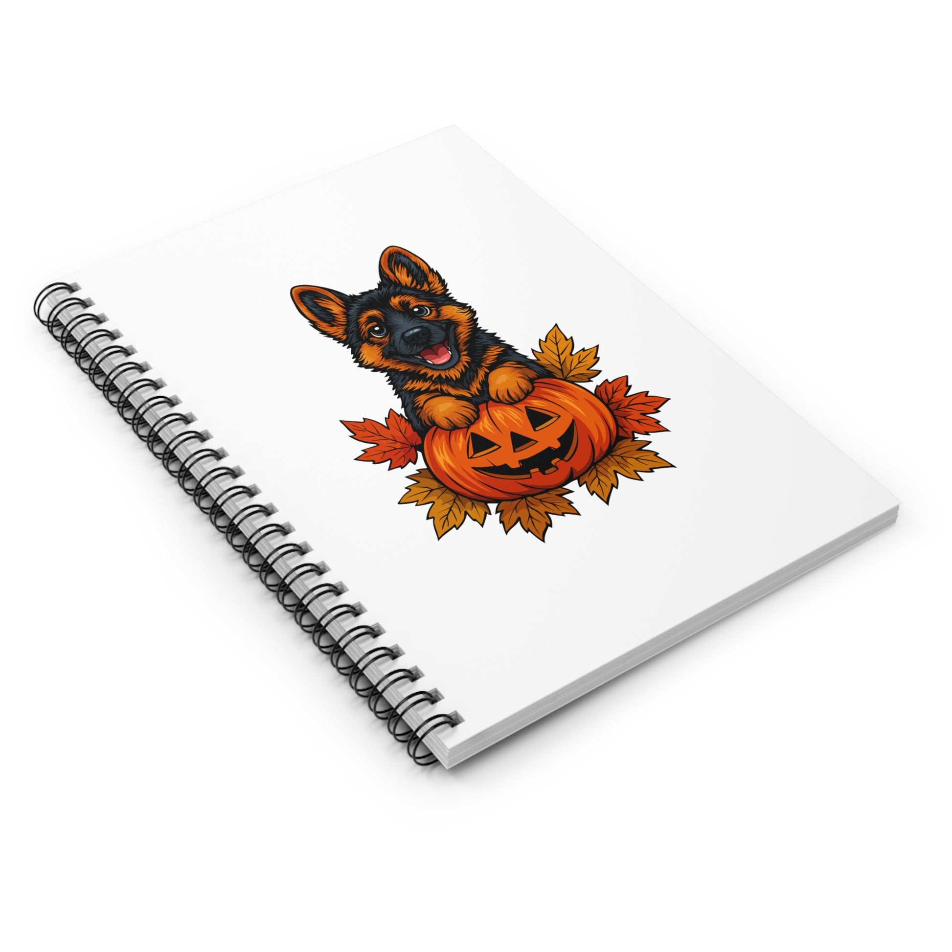 Spiral-bound notebook with a Halloween-themed design of a dog and pumpkin on a white background