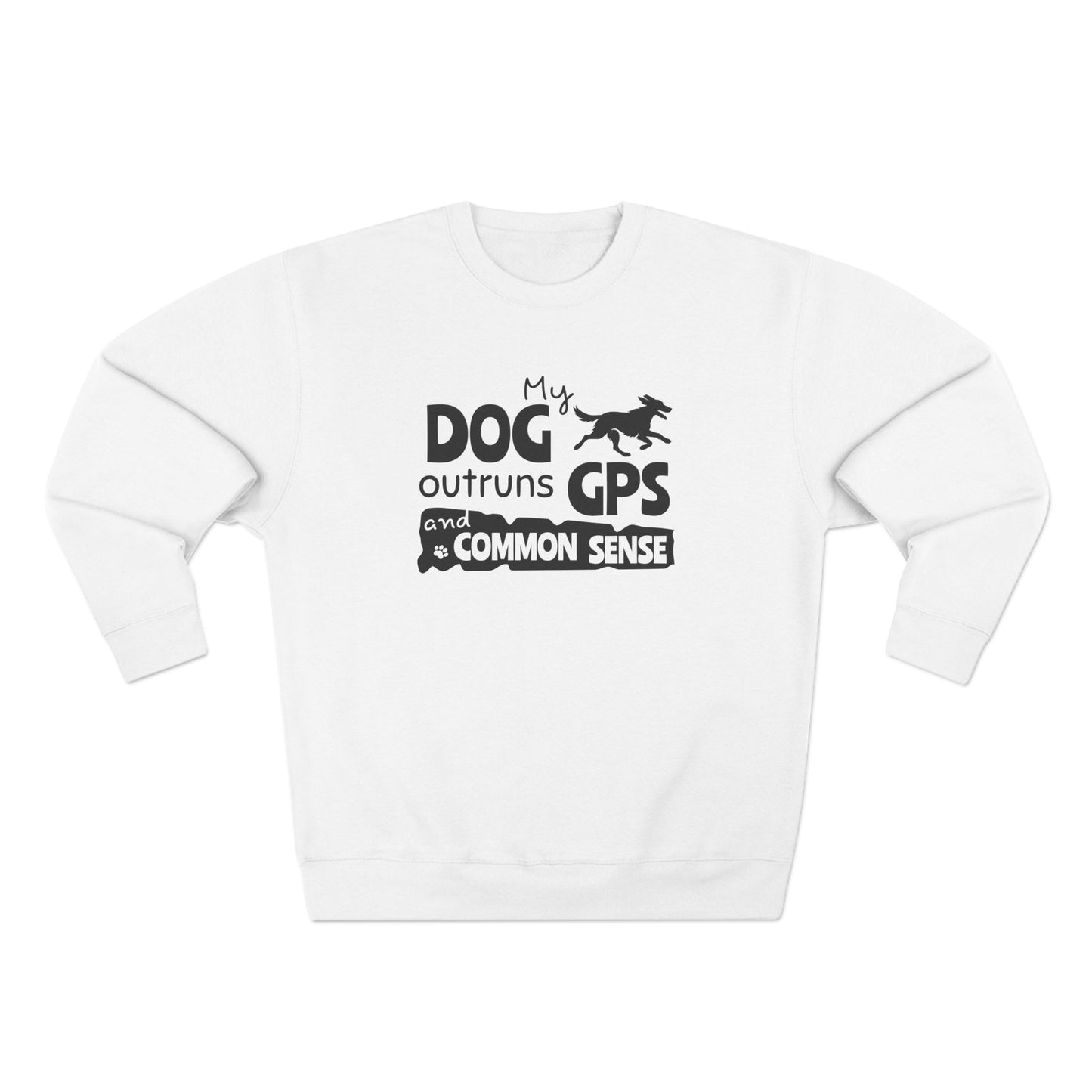 White sweatshirt with black text and graphic on a white background