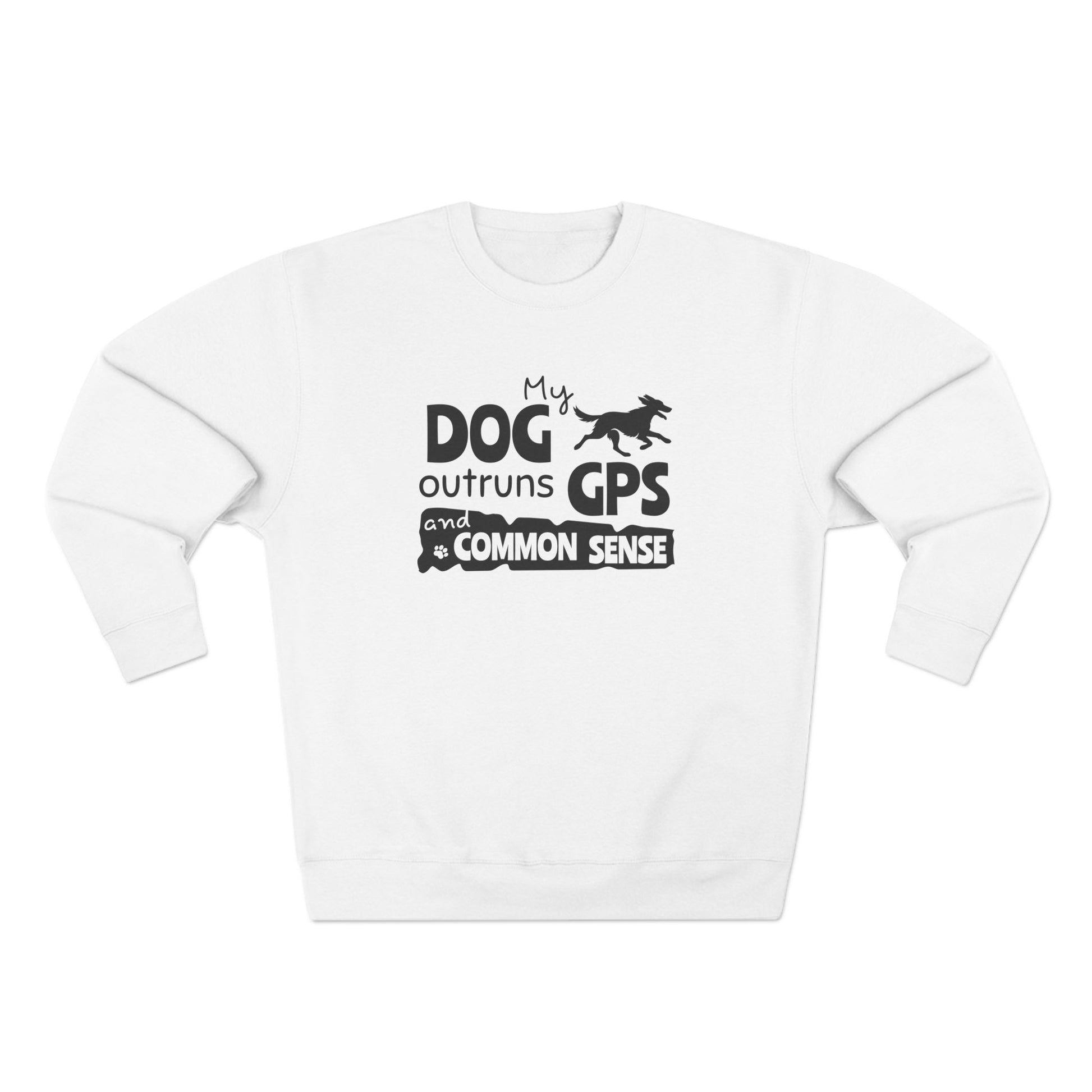 White sweatshirt with black text and graphic on a white background