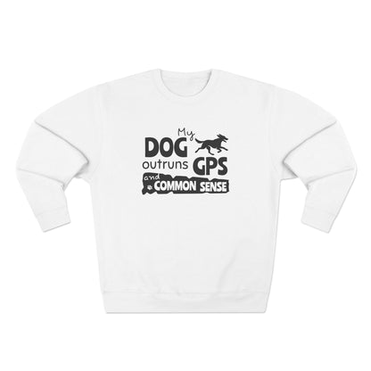 White sweatshirt with black text and graphic on a white background