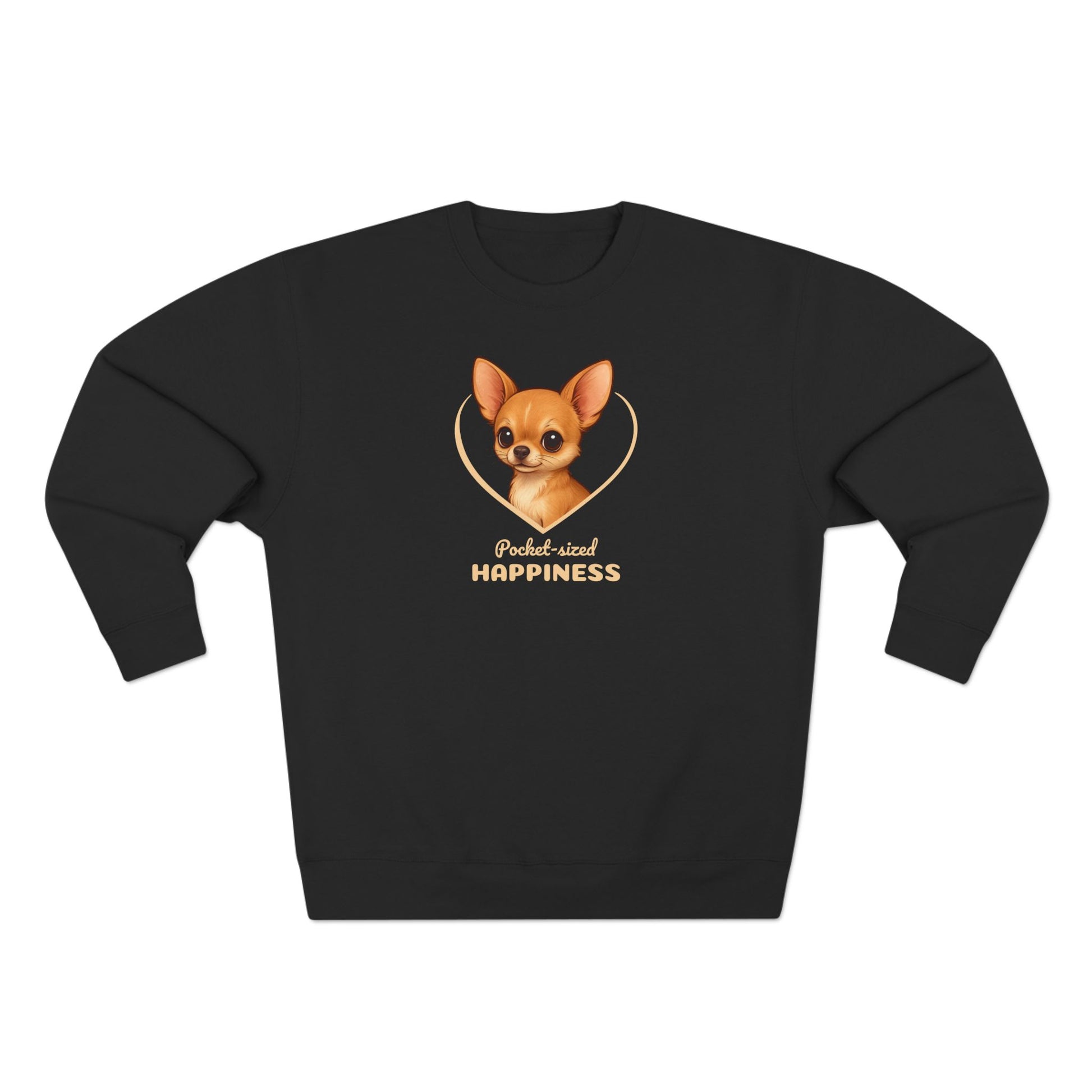 Black sweatshirt with a dog graphic and text on a white background