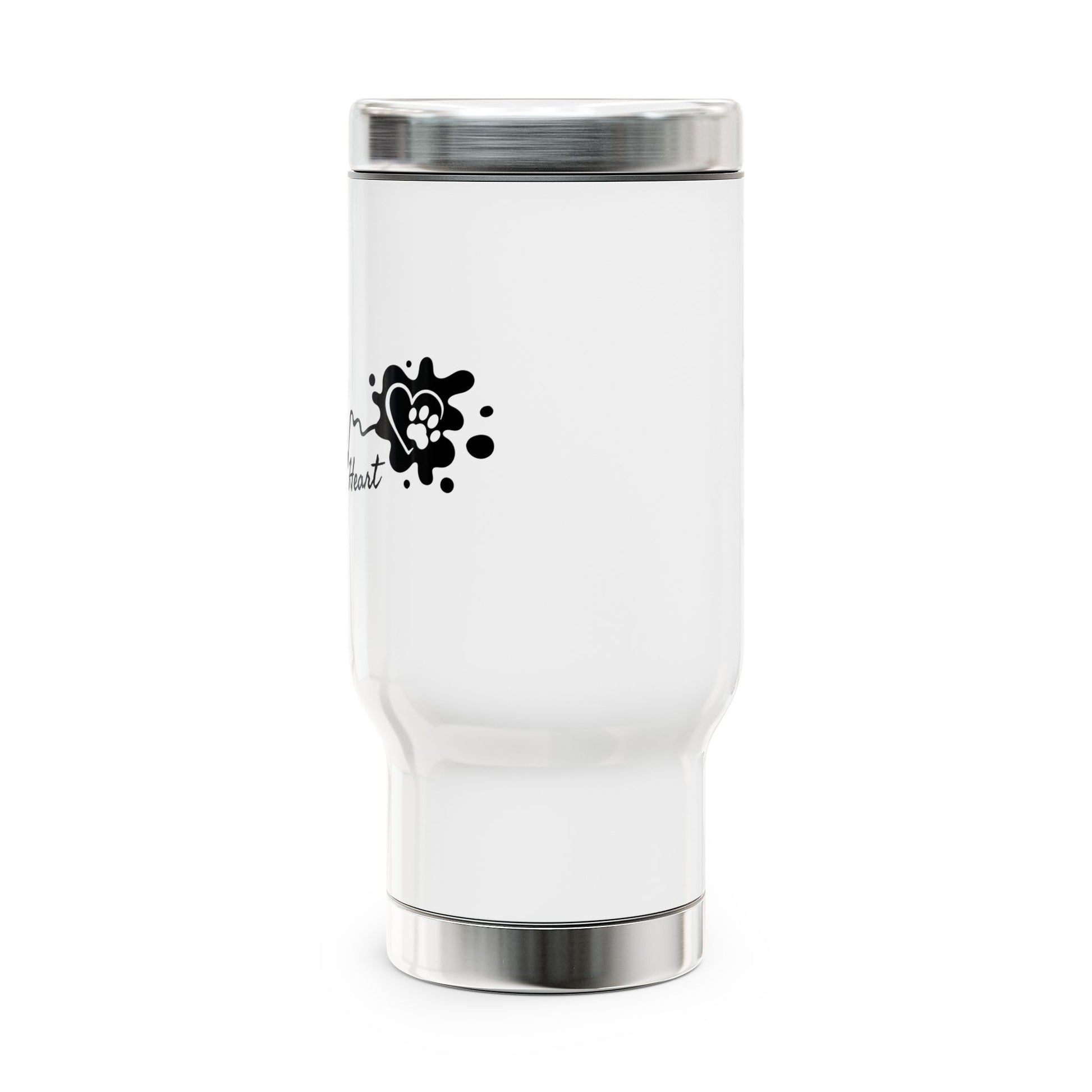White tumbler with a black logo on a white background