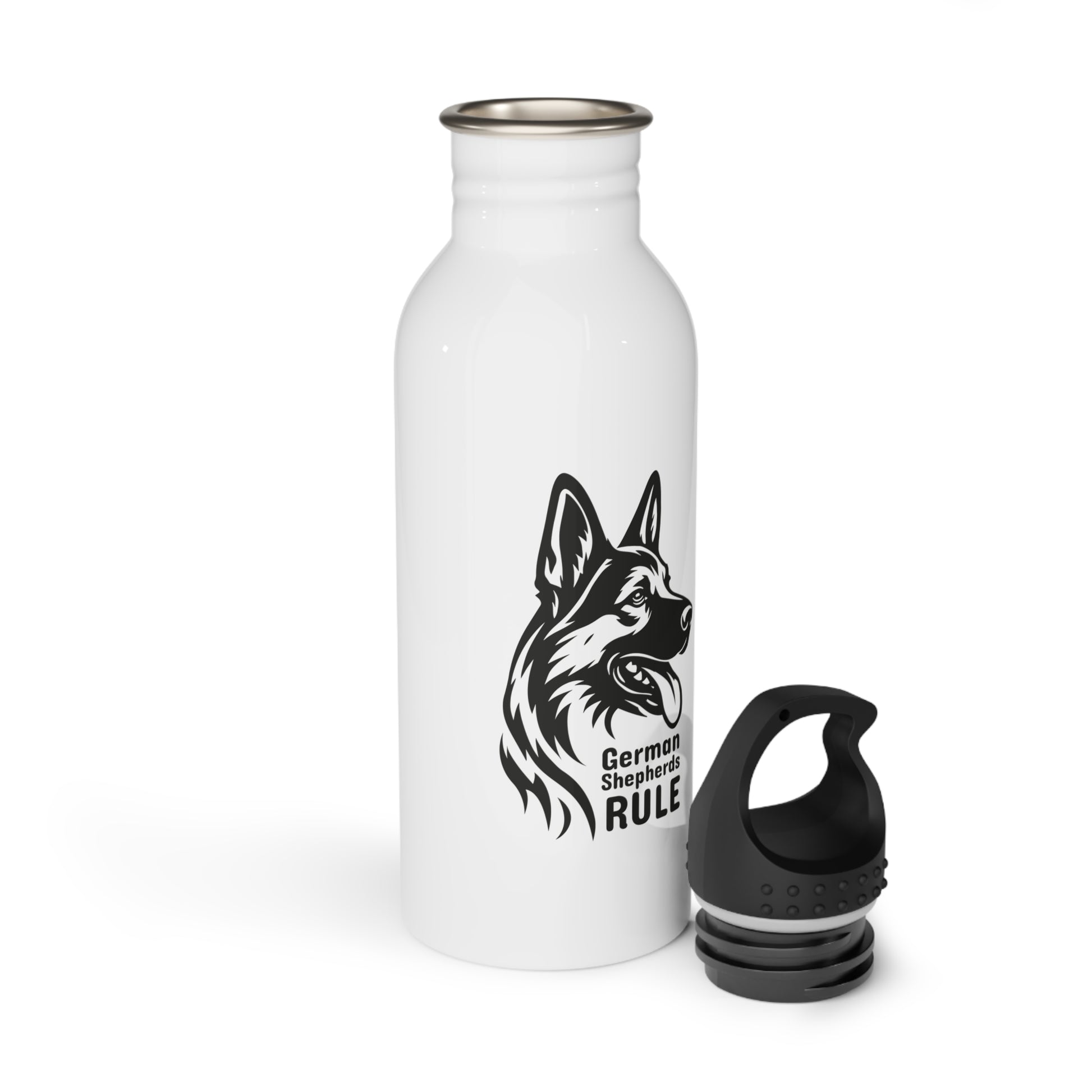 White water bottle with a German Shepherd design and 'German Shepherd Rule' text on a white background