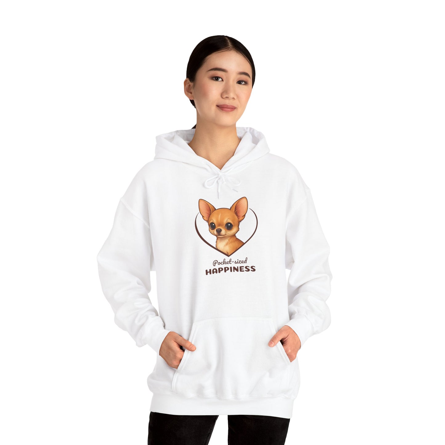 Person wearing a white hoodie with a dog graphic and text on a white background