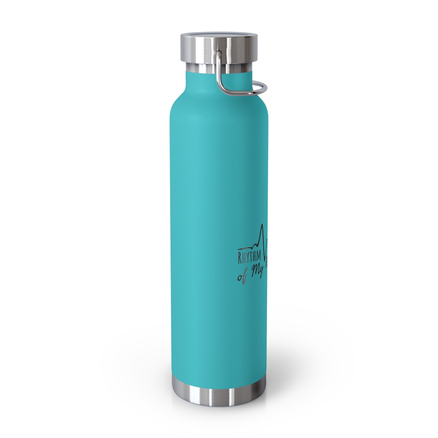 Turquoise water bottle with silver cap and logo on a white background