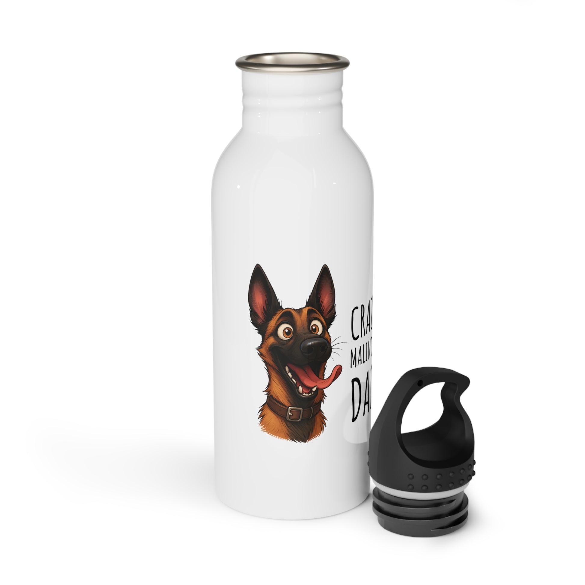White water bottle with a dog illustration and text on a white background
