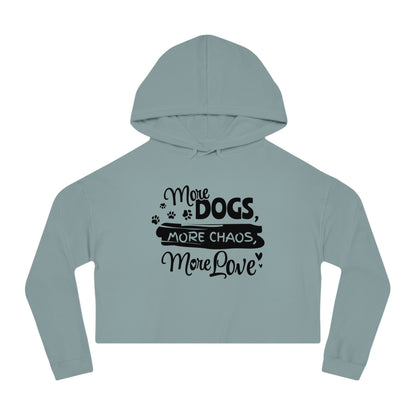 Light blue hoodie with text 'More Dogs, More Chaos, More Love' on a white background