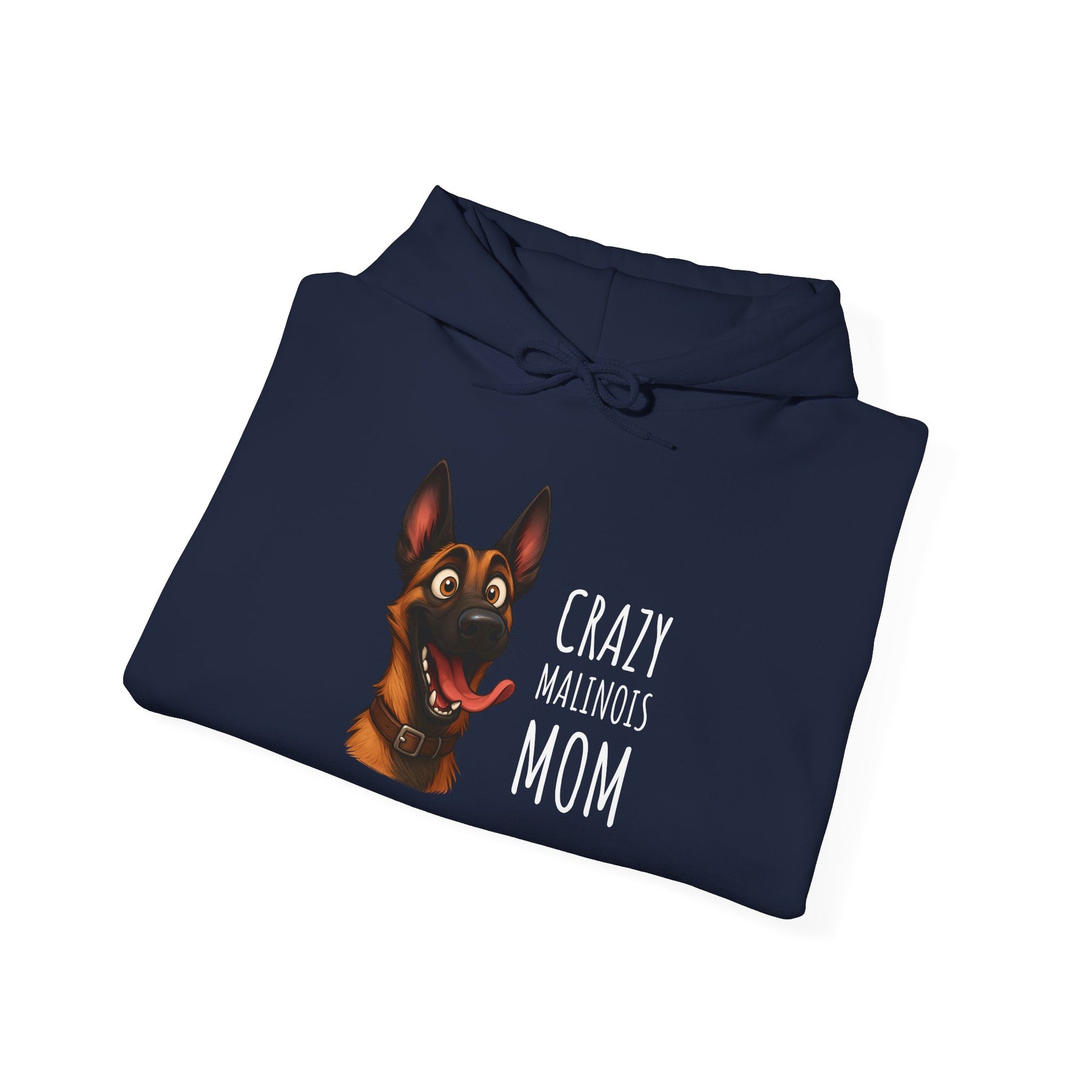 Navy blue hoodie with a dog graphic and text on a white background