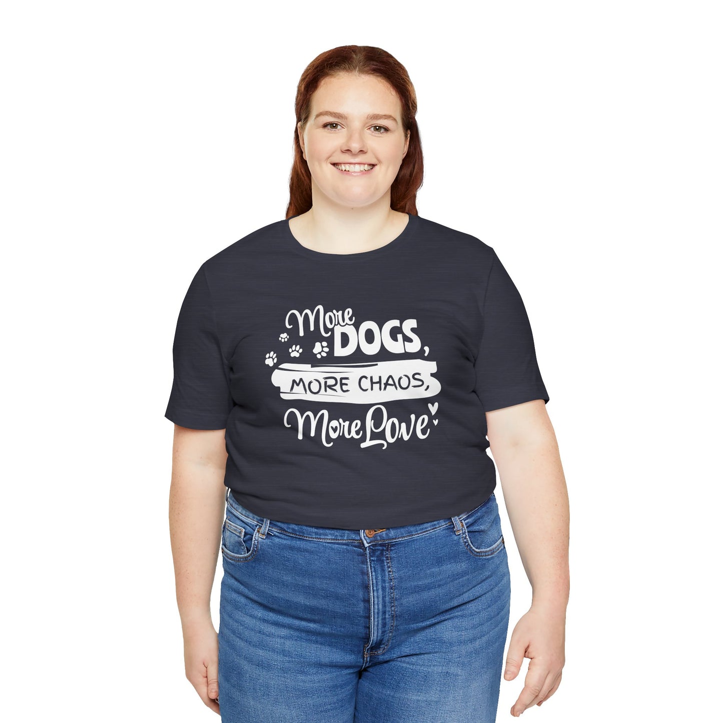 Person wearing a navy blue t-shirt with white text and graphics on a white background