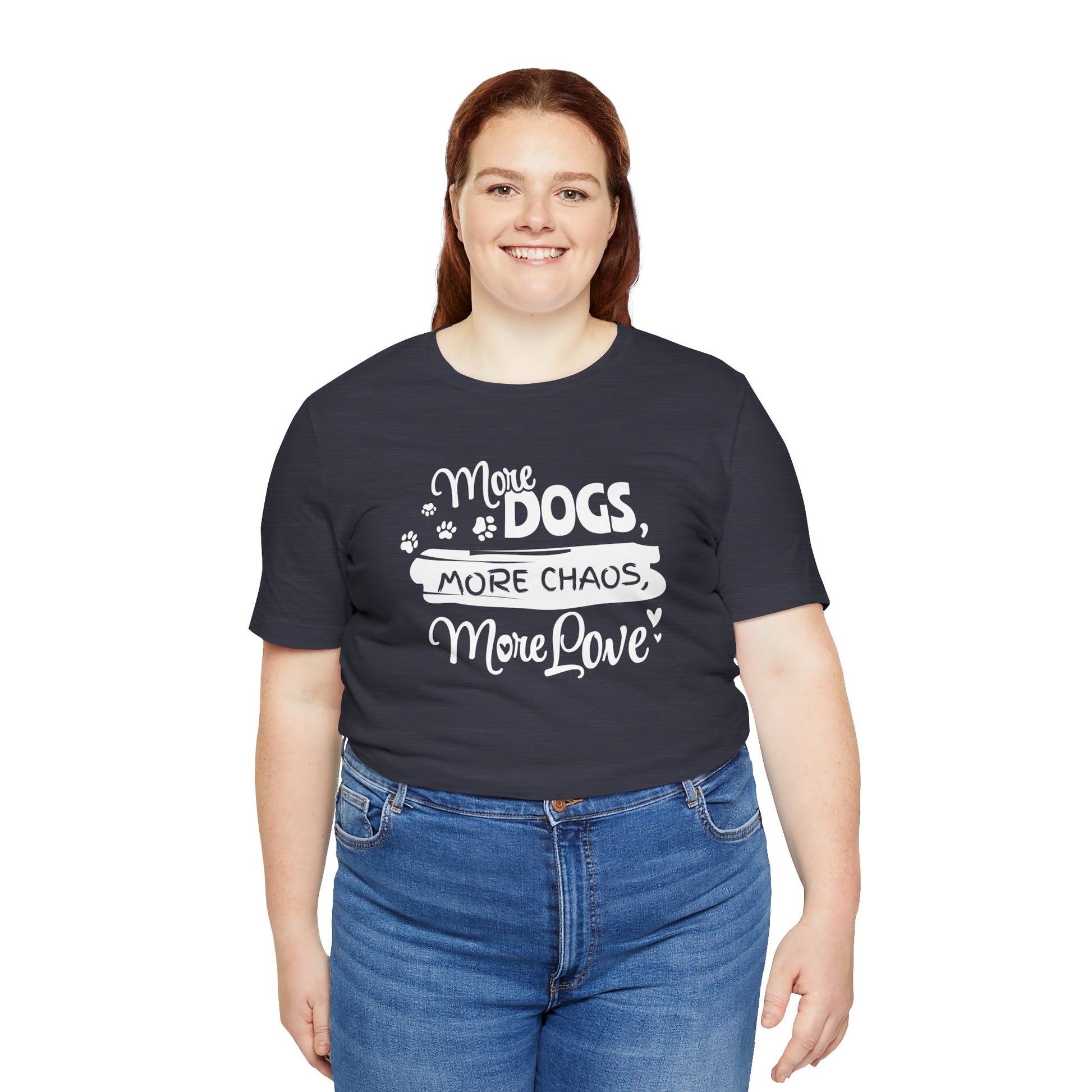 Person wearing a navy blue t-shirt with white text and graphics on a white background