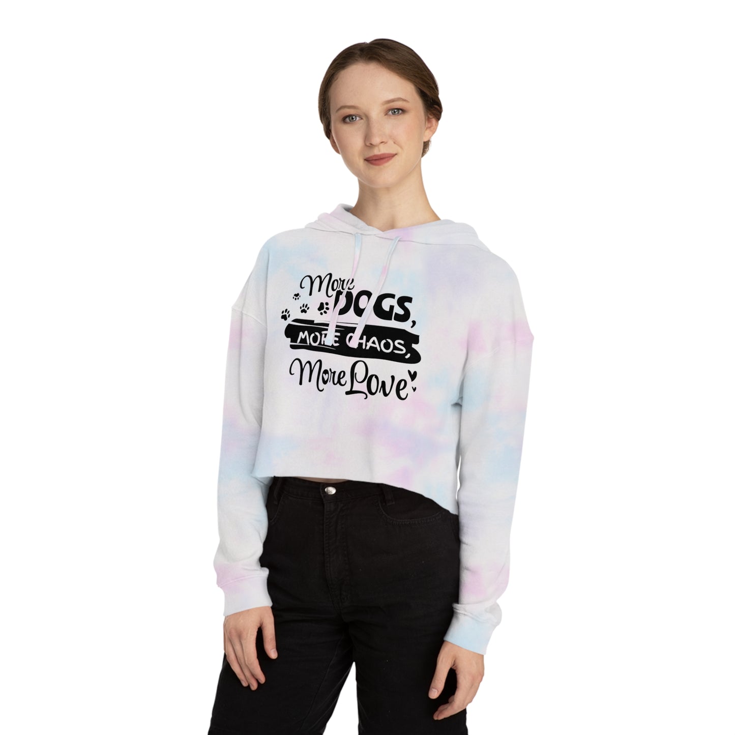 Person wearing a tie-dye hoodie with text design on a white background