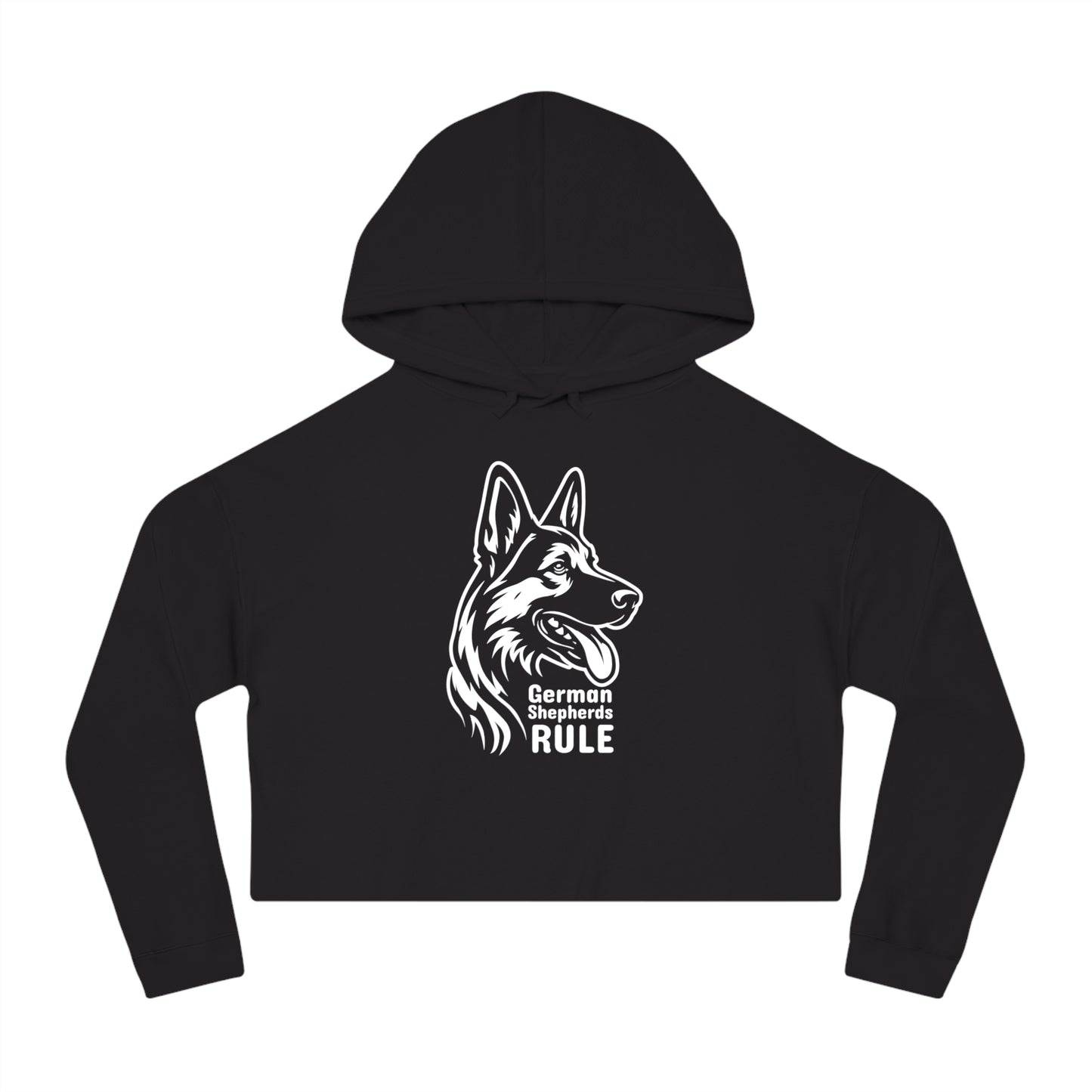 Black cropped hoodie with a German Shepherd design and 'German Shepherds Rule' text on a white background