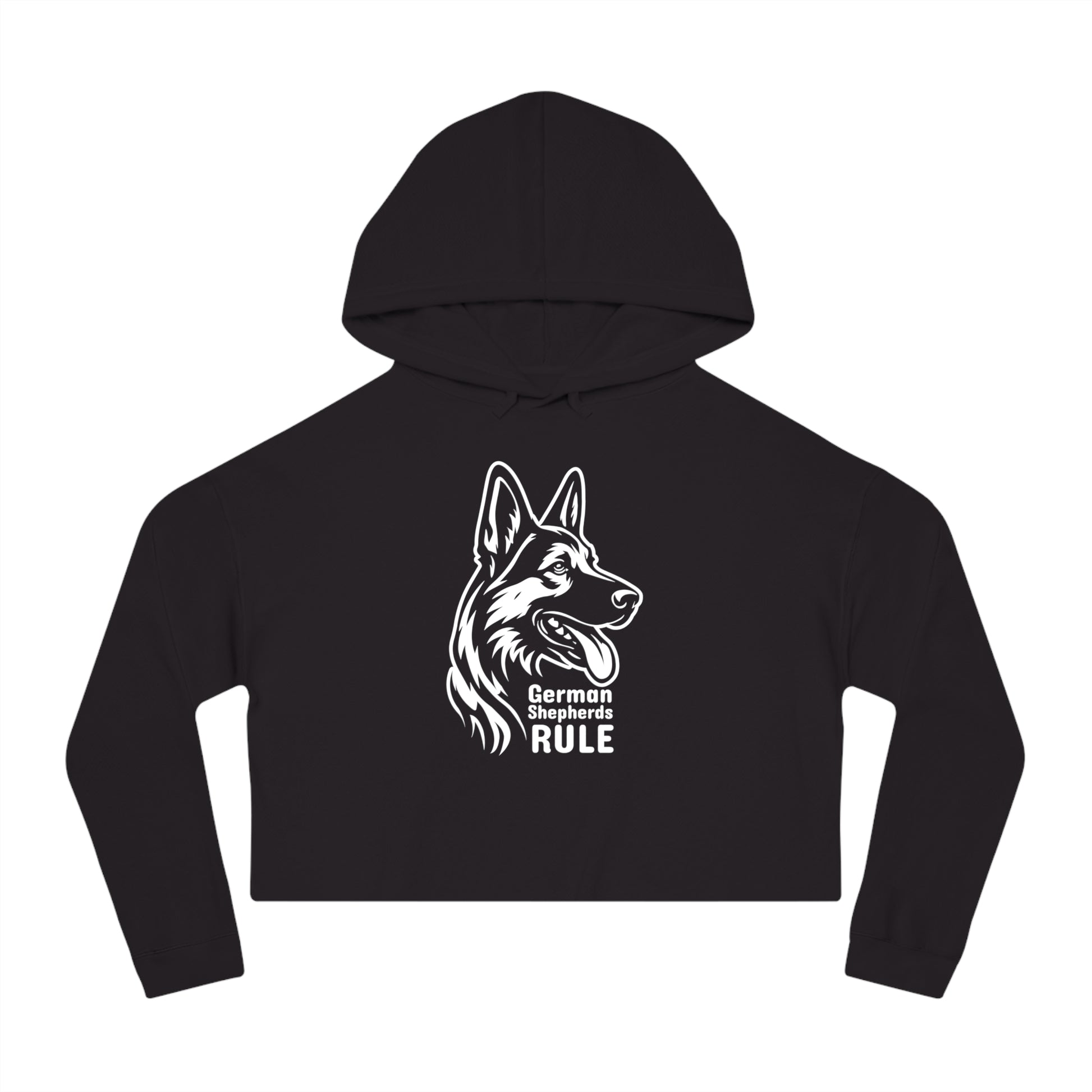 Black cropped hoodie with a German Shepherd design and 'German Shepherds Rule' text on a white background
