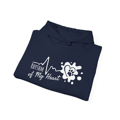Navy blue hoodie with 'Rhythm of My Heart' design on a white background