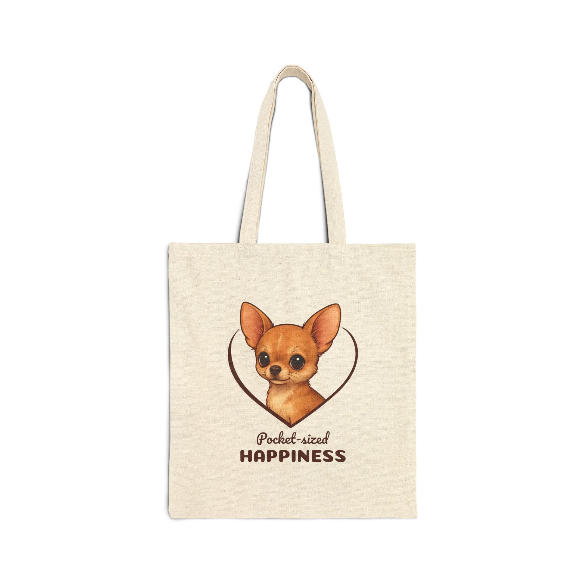 Tote bag with a dog illustration and text on a white background