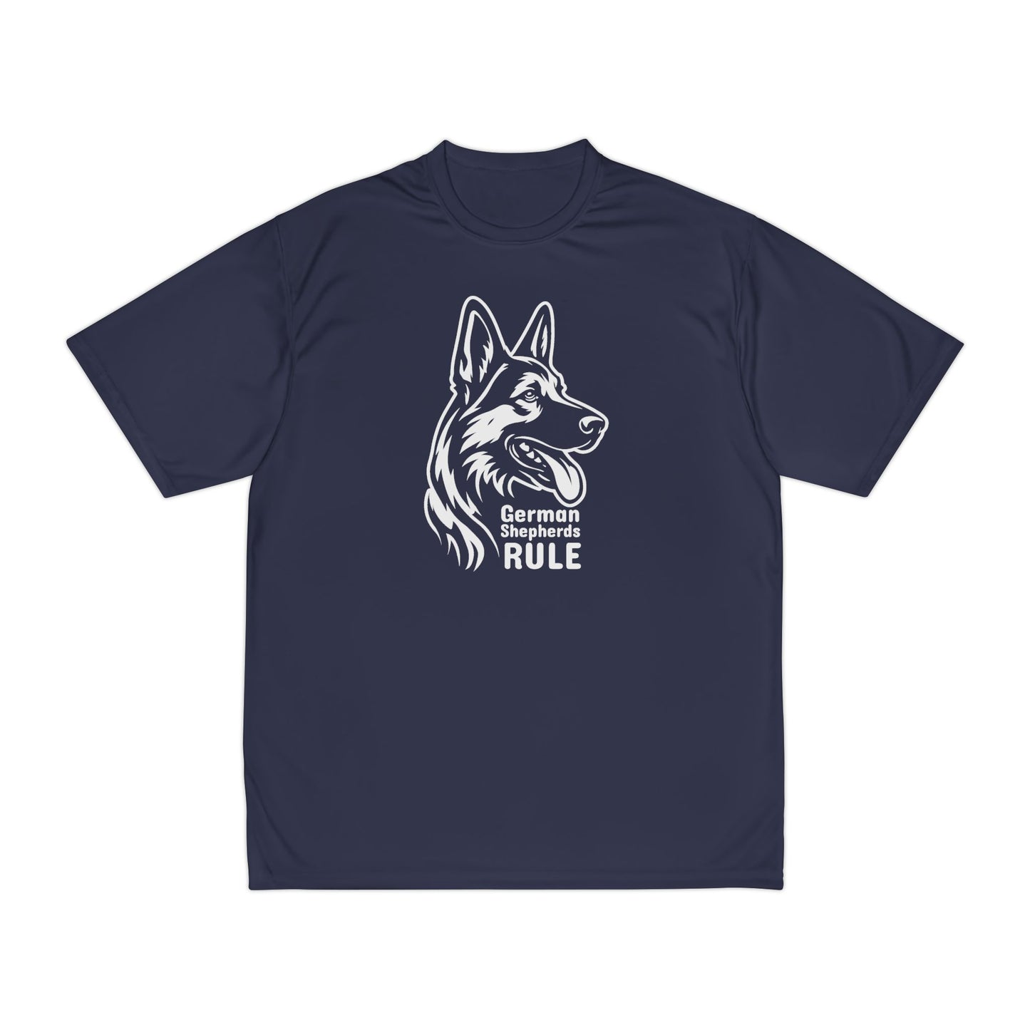 Navy blue t-shirt with a white German Shepherd graphic and 'German Shepherds Rule' text on a white background