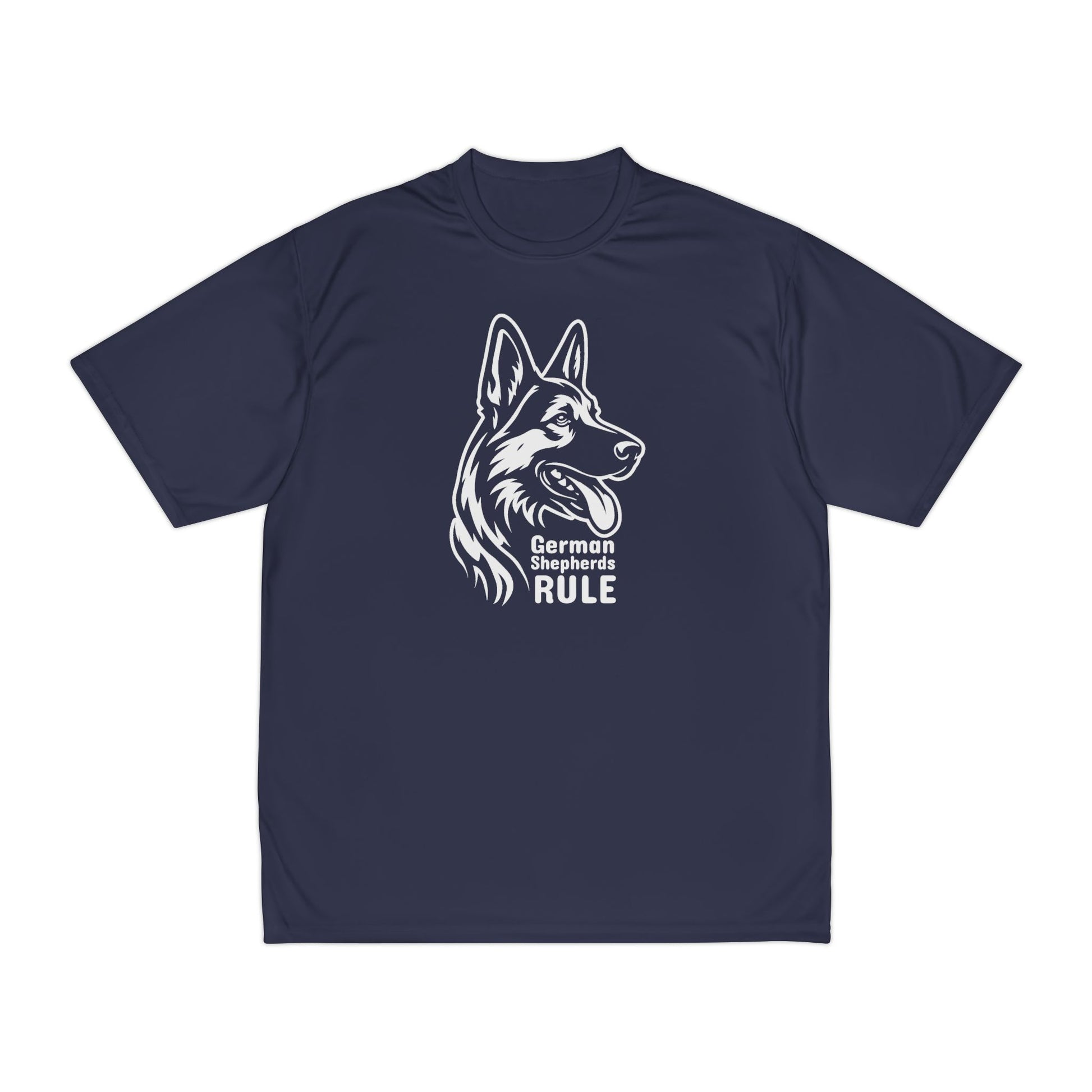 Navy blue t-shirt with a white German Shepherd graphic and 'German Shepherds Rule' text on a white background