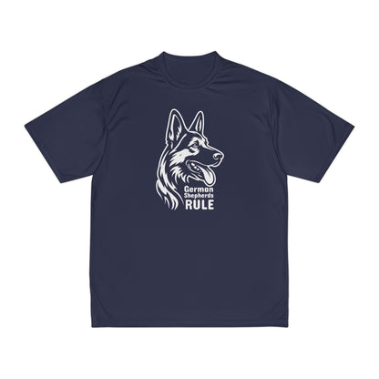 Navy blue t-shirt with a white German Shepherd graphic and 'German Shepherds Rule' text on a white background