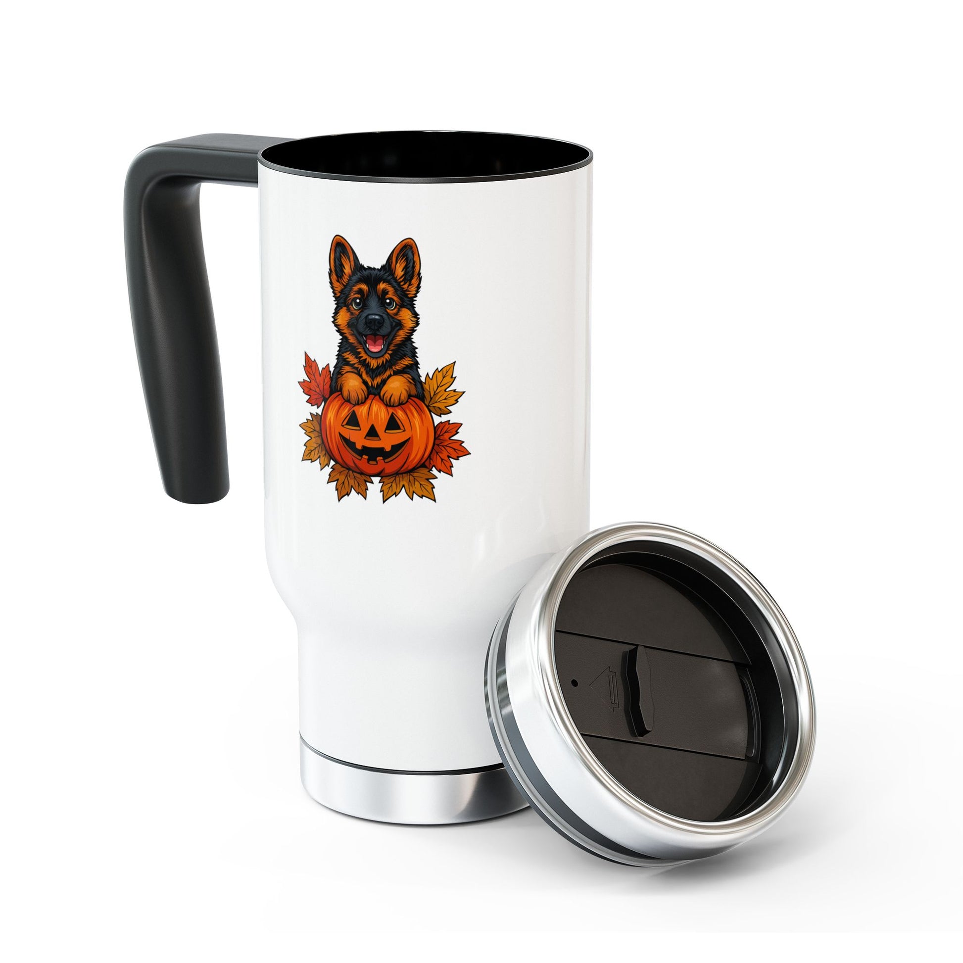 White travel mug with a black interior and handle, featuring a German Shepherd dog in a pumpkin design on a white background.