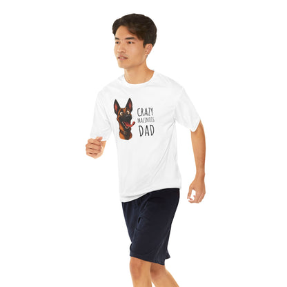 Man wearing a white t-shirt with a dog graphic and text on a white background