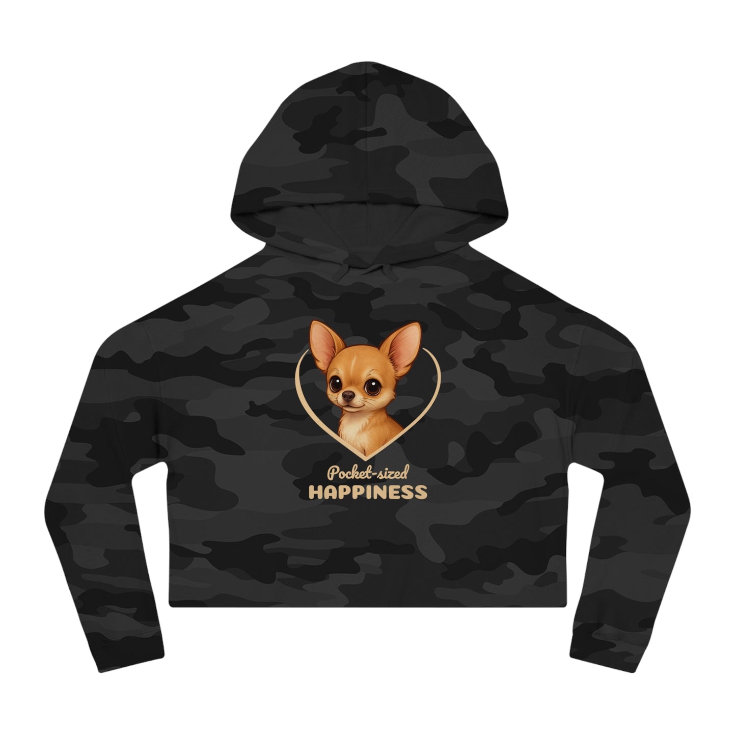 Black camouflage hoodie with a dog graphic and 'Packed with Happiness' text on a white background