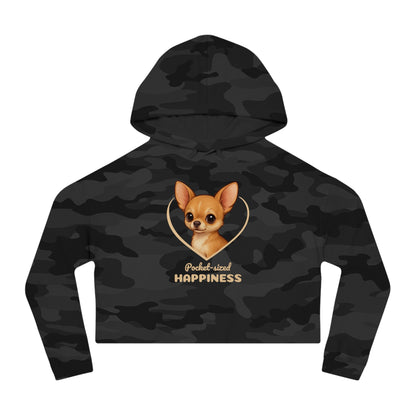Black camouflage hoodie with a dog graphic and 'Packed with Happiness' text on a white background