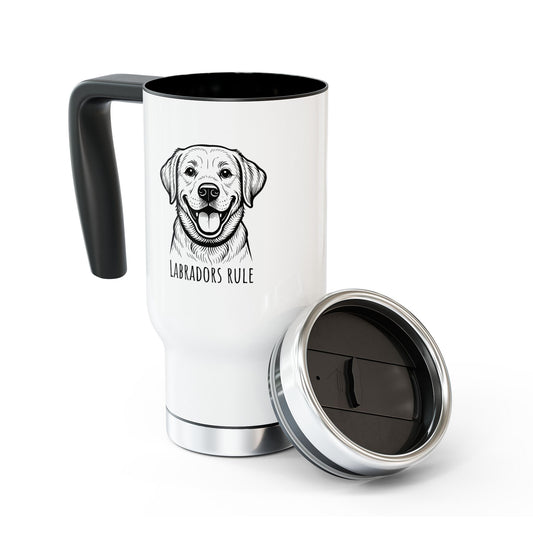White travel mug with black handle and lid featuring a Labrador Retriever illustration and 'Labradors Rule' text on a white background.