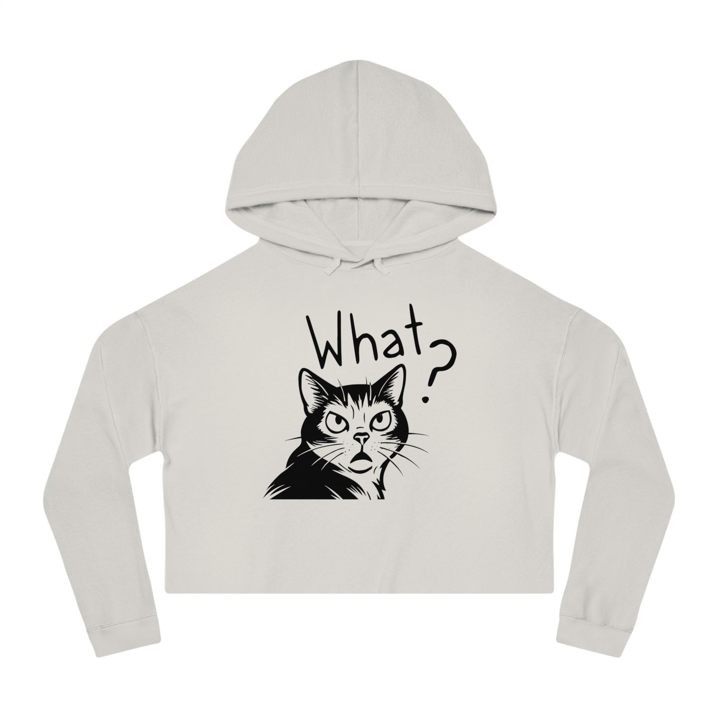 White cropped hoodie with a cat graphic and 'What?' text on a white background