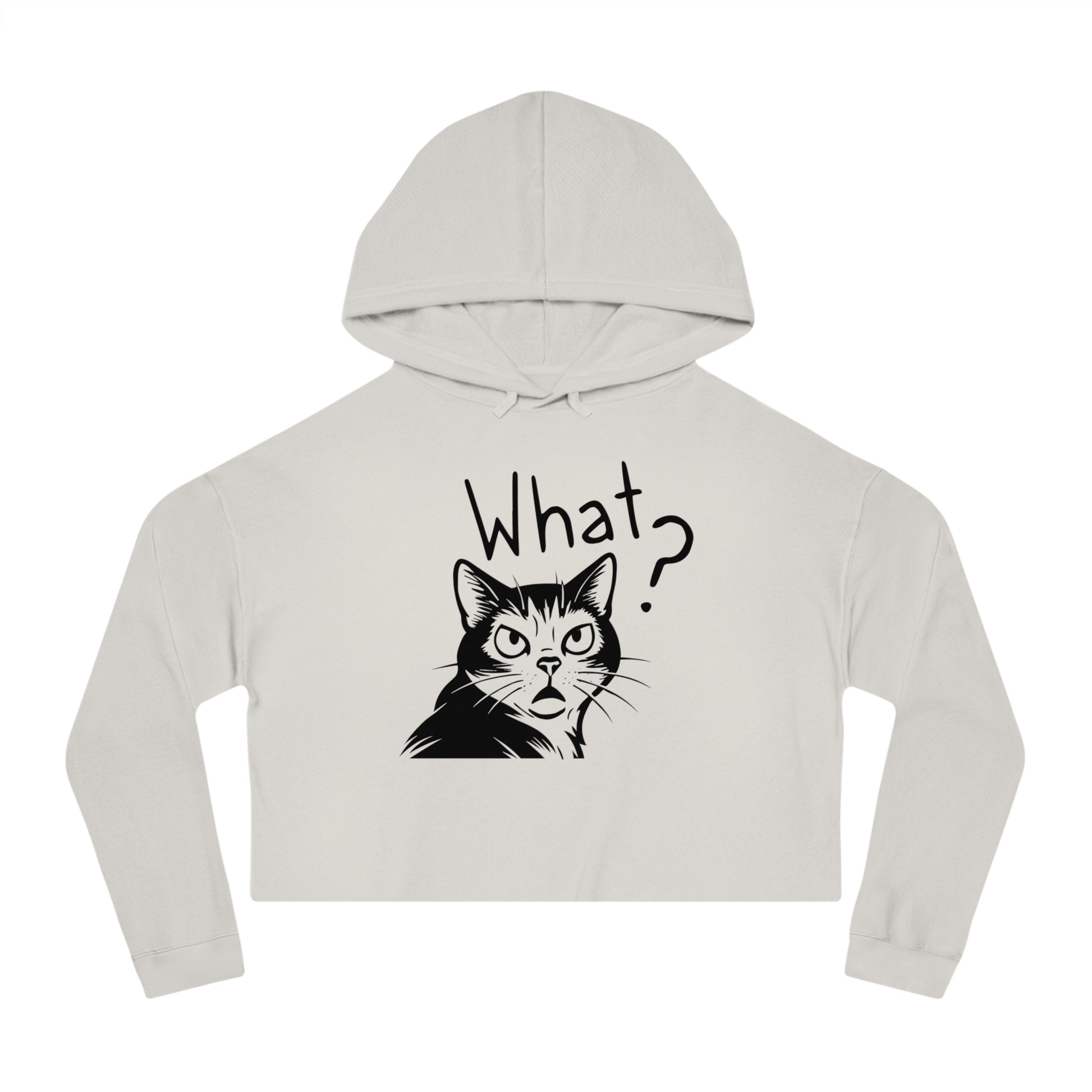 White cropped hoodie with a cat graphic and 'What?' text on a white background