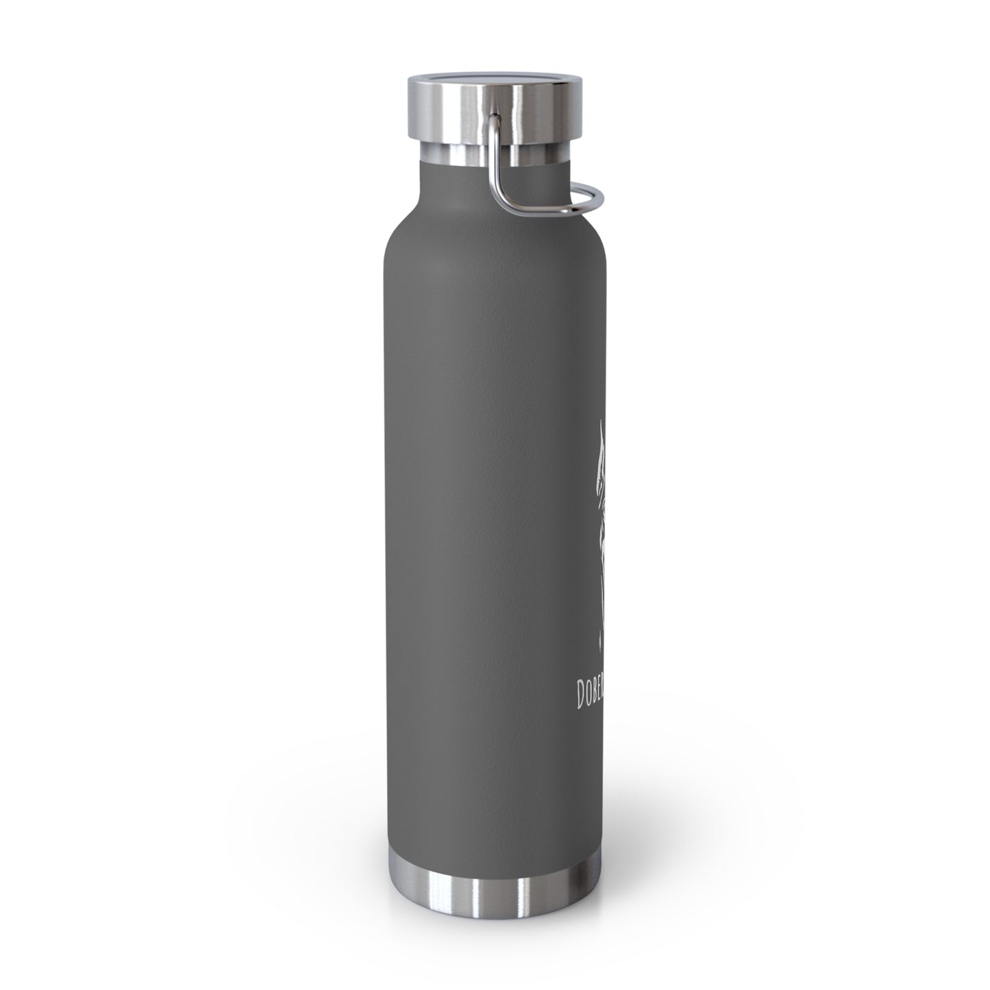 Gray water bottle with silver cap on a white background