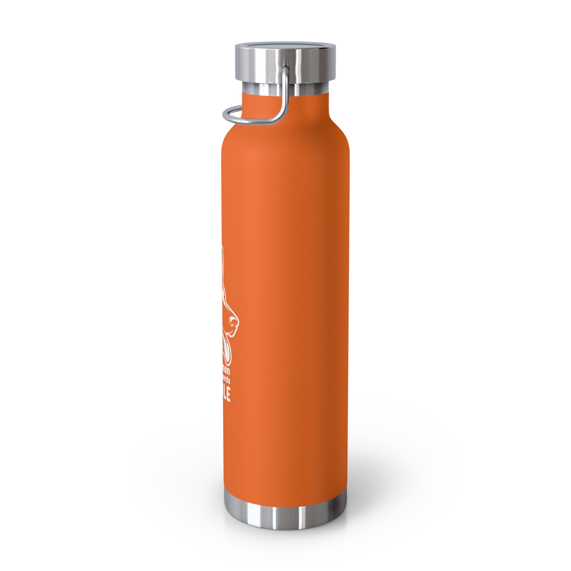 Orange water bottle with silver cap on a white background
