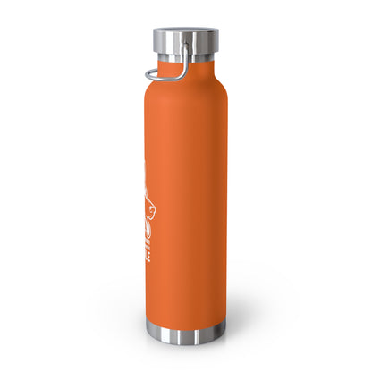Orange water bottle with silver cap on a white background