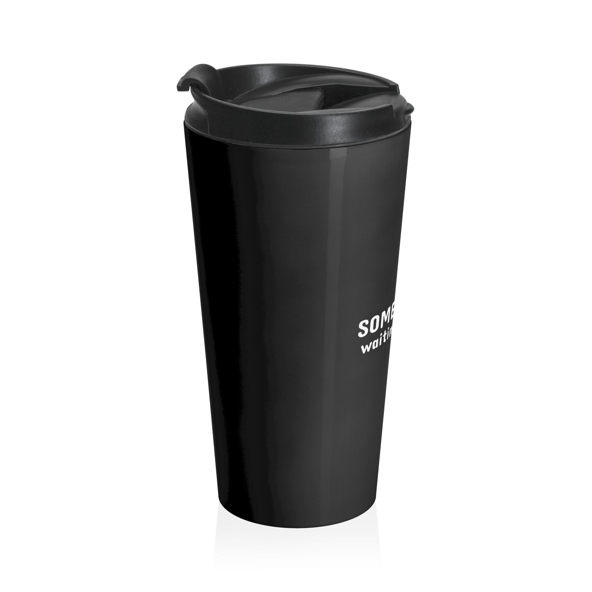 Black travel mug with a lid on a white background