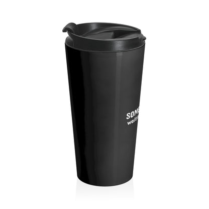 Black travel mug with a lid on a white background