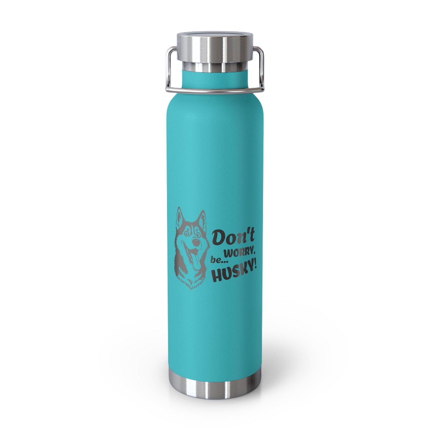 Turquoise water bottle with husky design and text on a white background