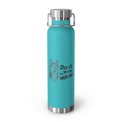 Turquoise water bottle with husky design and text on a white background