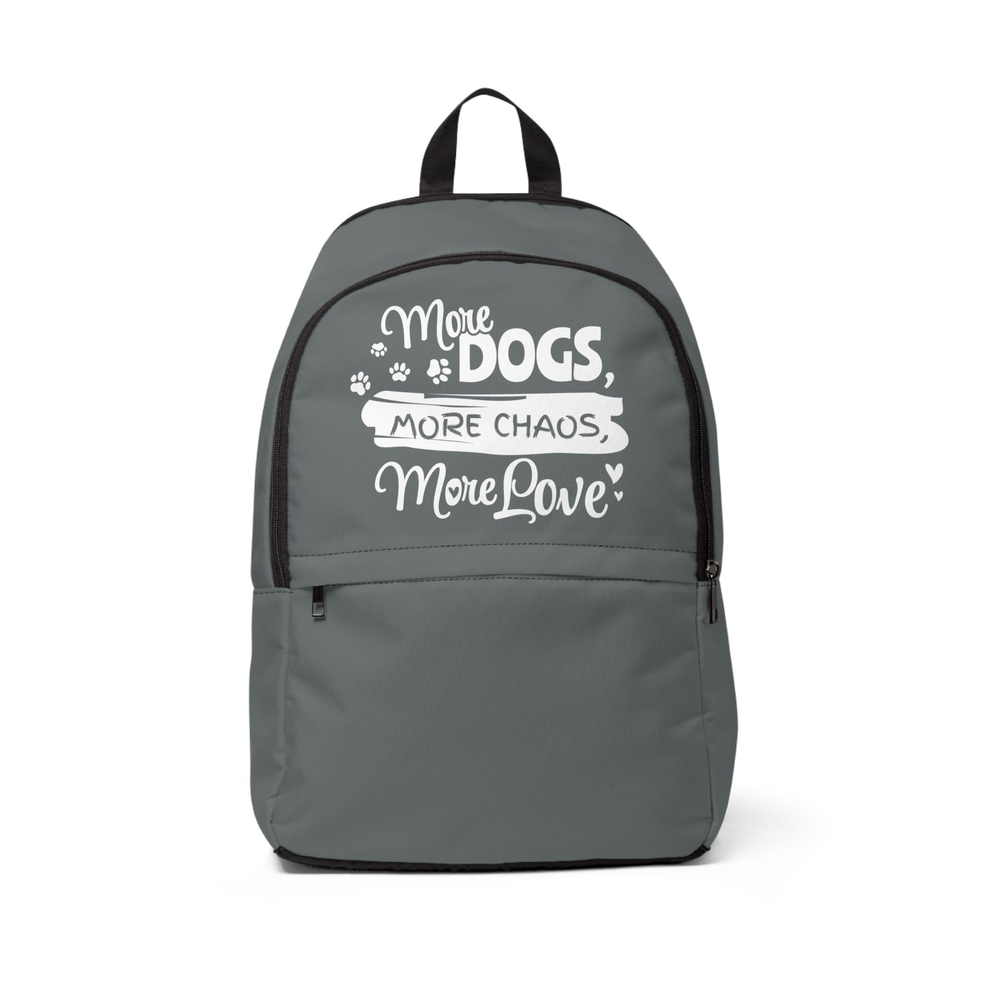 Gray backpack with white text and paw prints on a white background