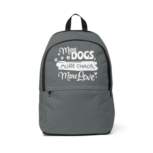 Gray backpack with white text and paw prints on a white background