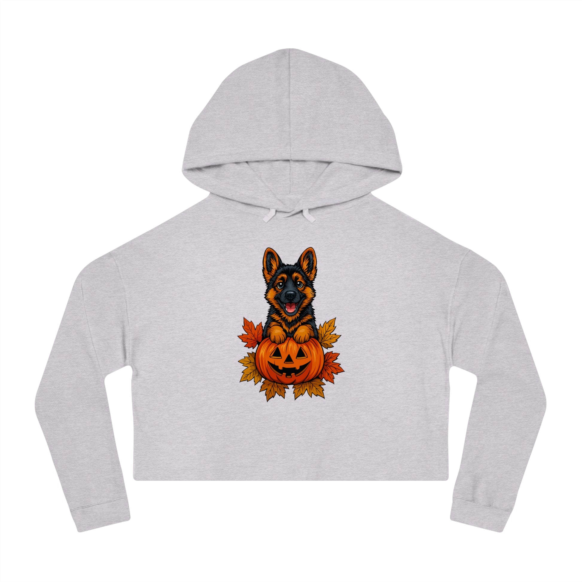 Gray cropped hoodie with a dog holding a pumpkin design on a white background