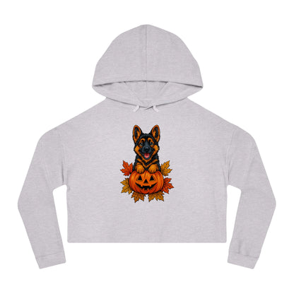 Gray cropped hoodie with a dog holding a pumpkin design on a white background